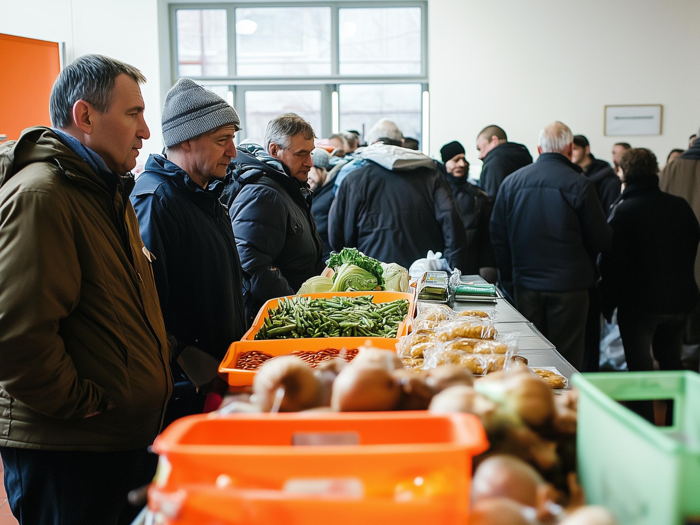 Bedürftige Menschen warten in reude vor einer Lebensmittelausgabe. Auf der Theke liegt frisches Gemüse.